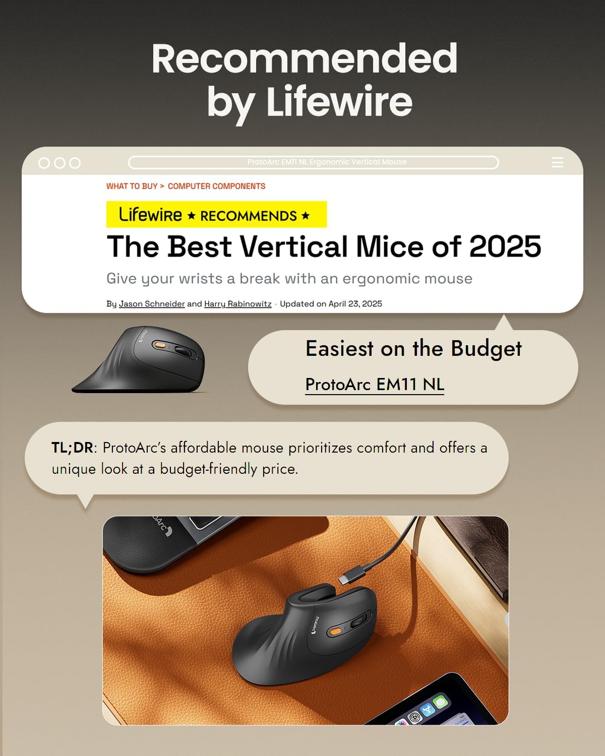ProtoArc EM11 NL Wireless Ergonomic Vertical Mouse, White