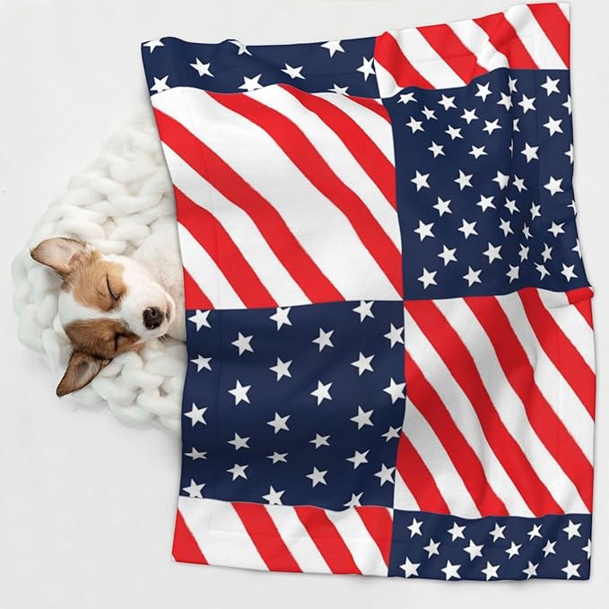 Two Sided Pet Cuddler Blanket for Anxiety Calming, American Flag Plaid Pattern, Reversible Plush Design with Bubble Dot Pattern Provides Familiar Surface Anywhere