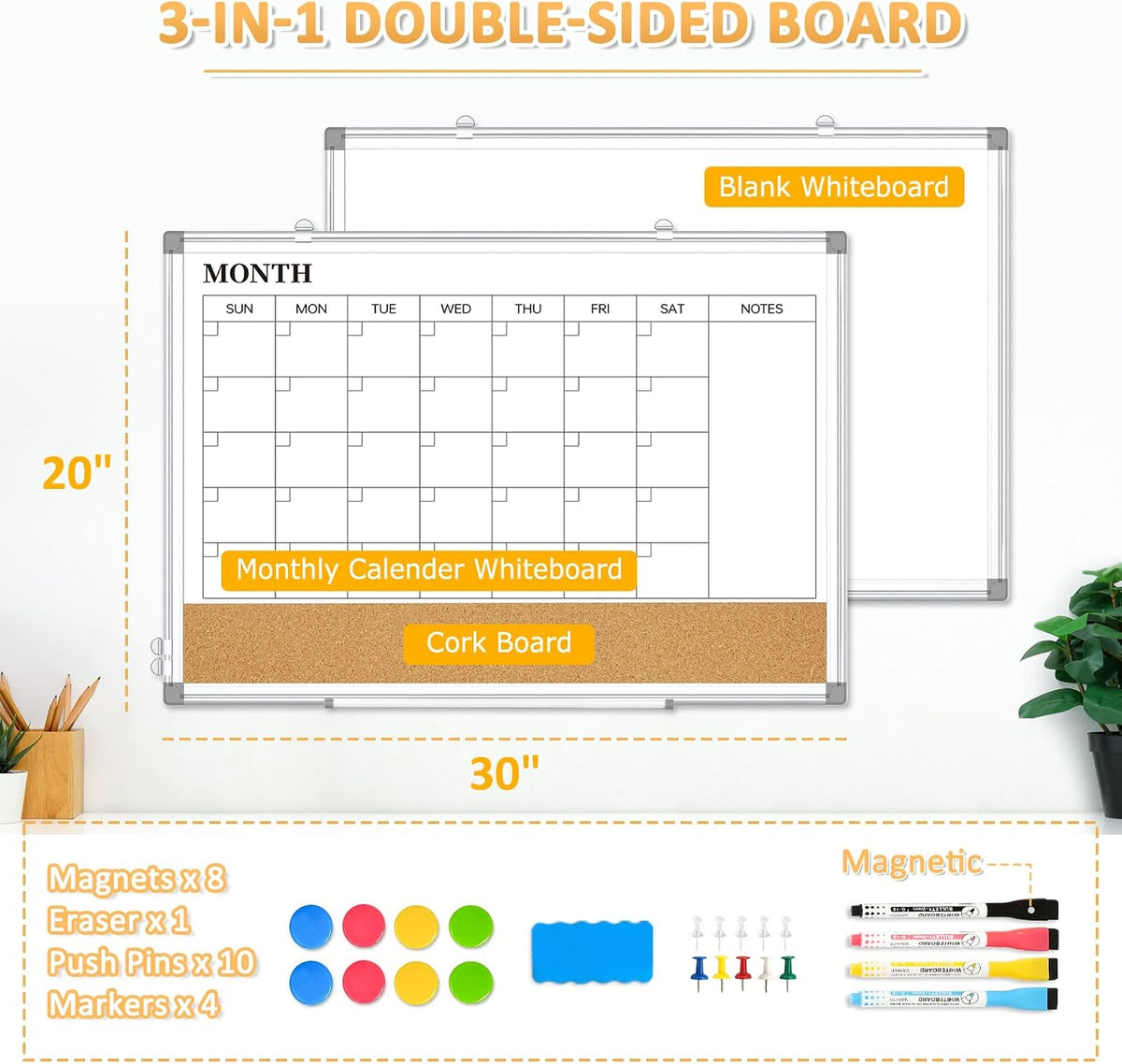 Monthly Dry Erase Calendar Whiteboard with Corkboard, 30" x 20", Silver