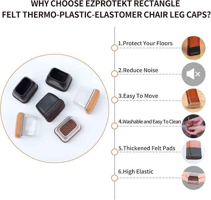 Ezprotekt 24 Pcs Rectangle Clear Silicone Chair Leg Floor Protectors Caps