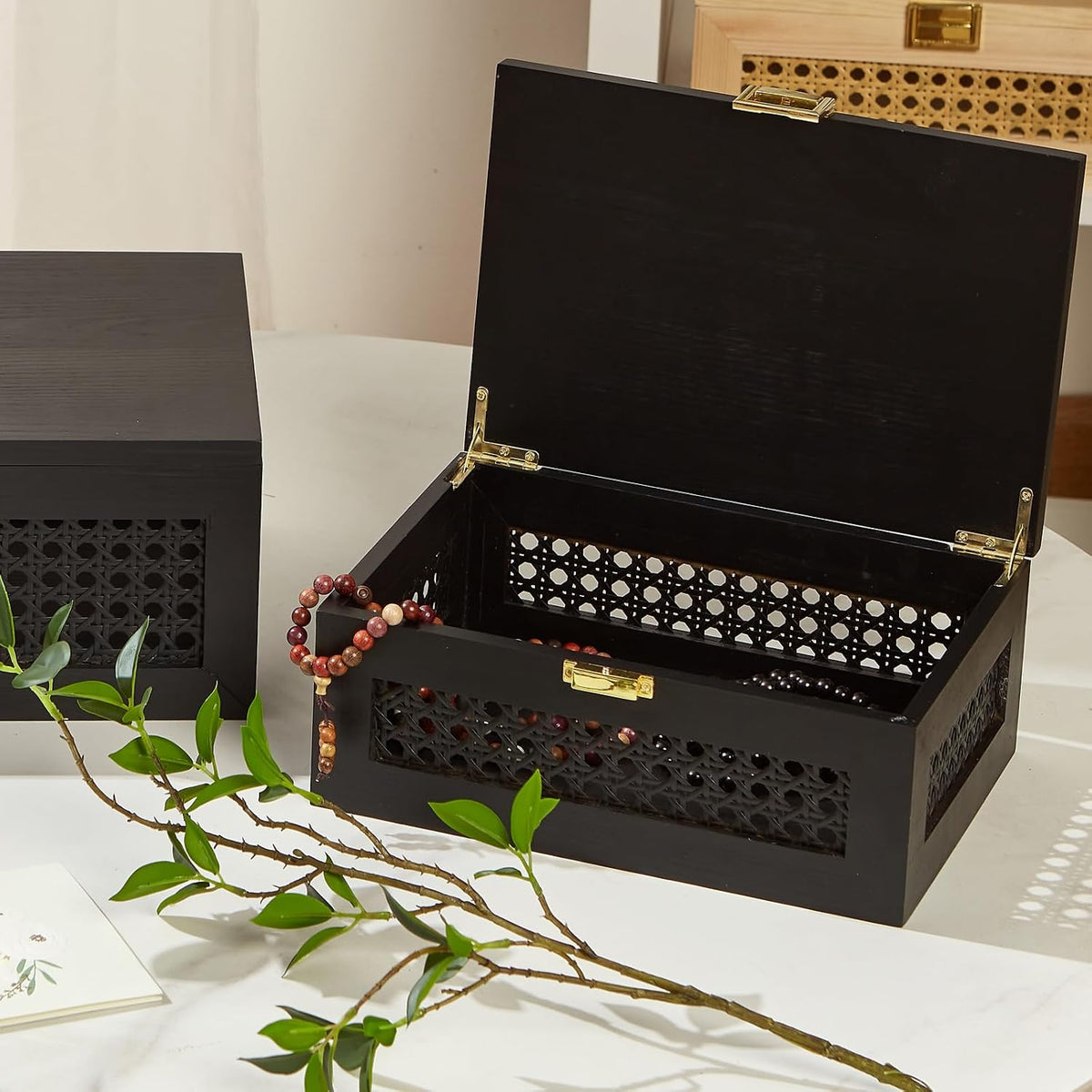Decorative Rattan Storage Boxes Baskets with Lid Wooden Frame