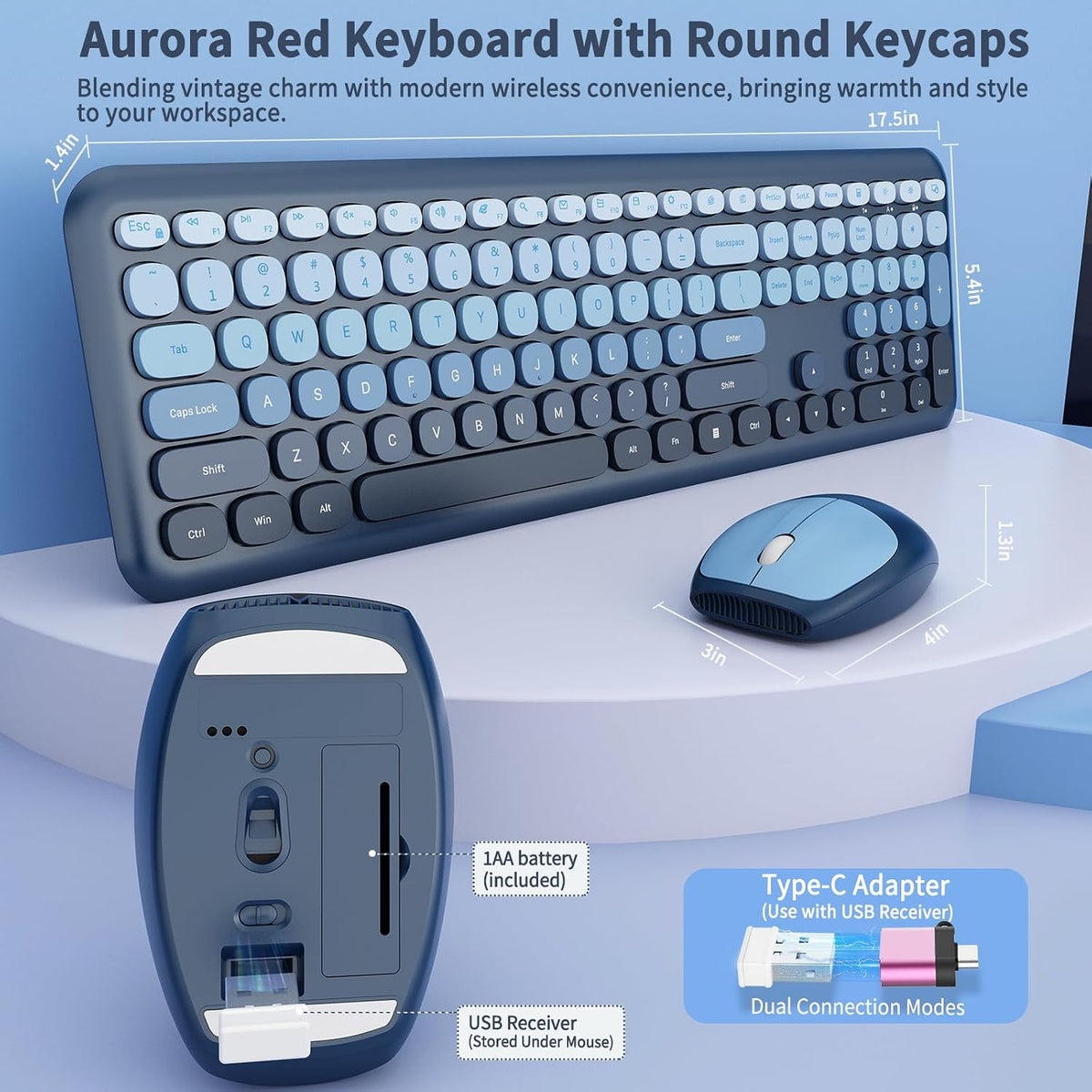 HotFox Blue Wireless Keyboard and Mouse Combo, Retro Typewriter Keyboard