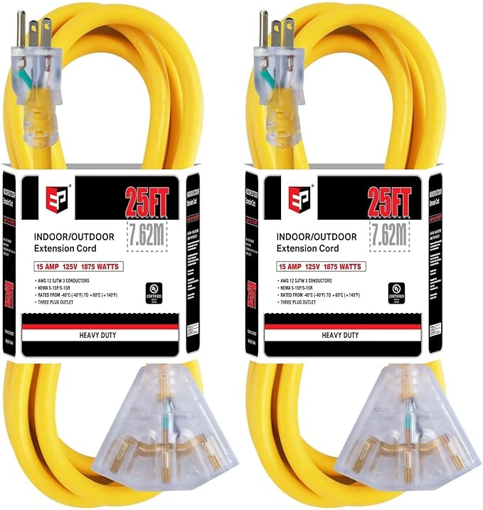 EP 2 Pack 25 Ft 12 Gauge Heavy Duty Extension Cord, 15A 125V 1875W, 3 Outlet Indoor/Outdoor Power Cord with Lighted End, 12/3 SJTW Weatherproof Yellow, UL Listed