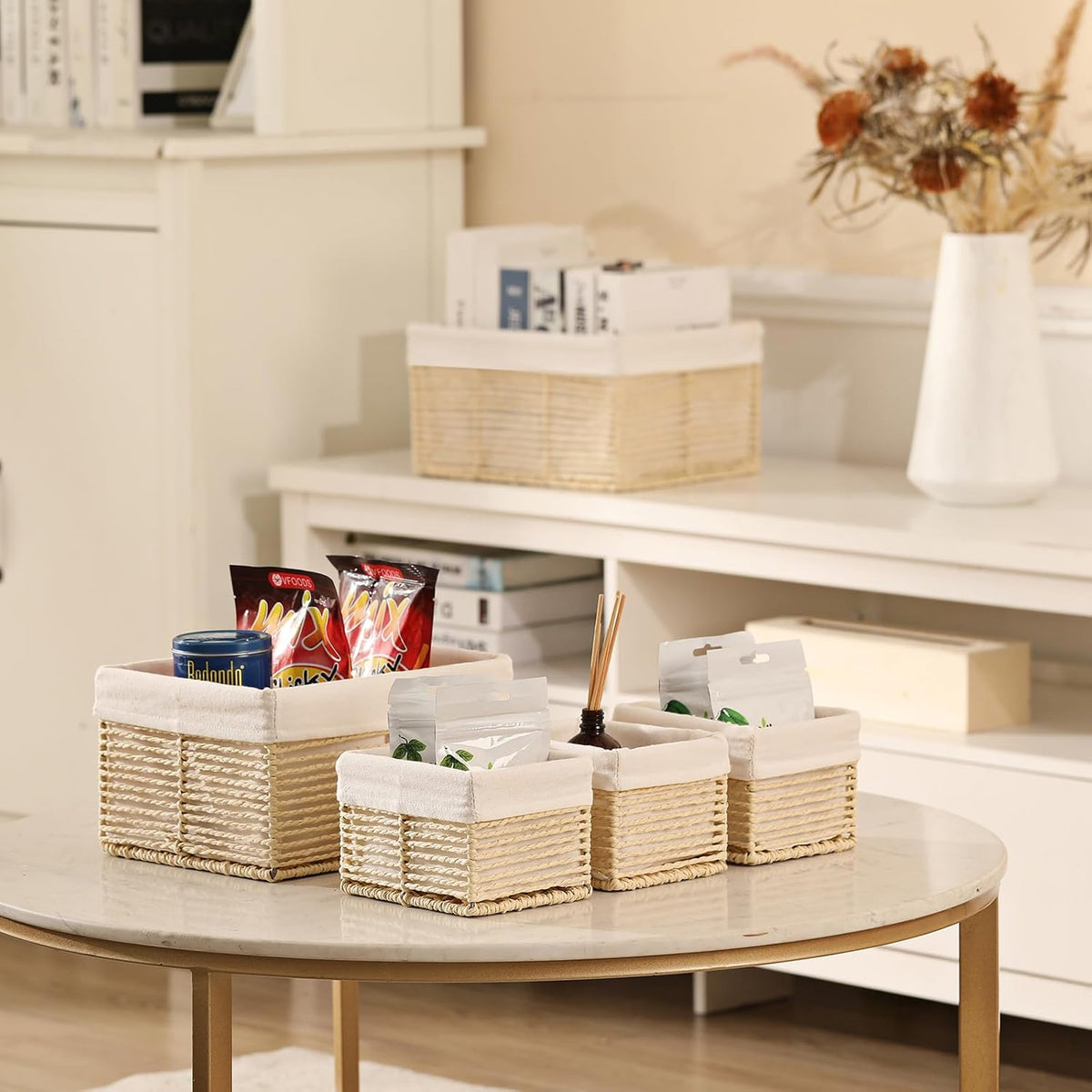 Vagusicc Wicker Storage Basket, Hand-Woven Paper Rope Basket, Rectangular Small Basket for Organizing, Cube Storage Bin for Closet/Clothes/Dresser, Beige, 5-Pack