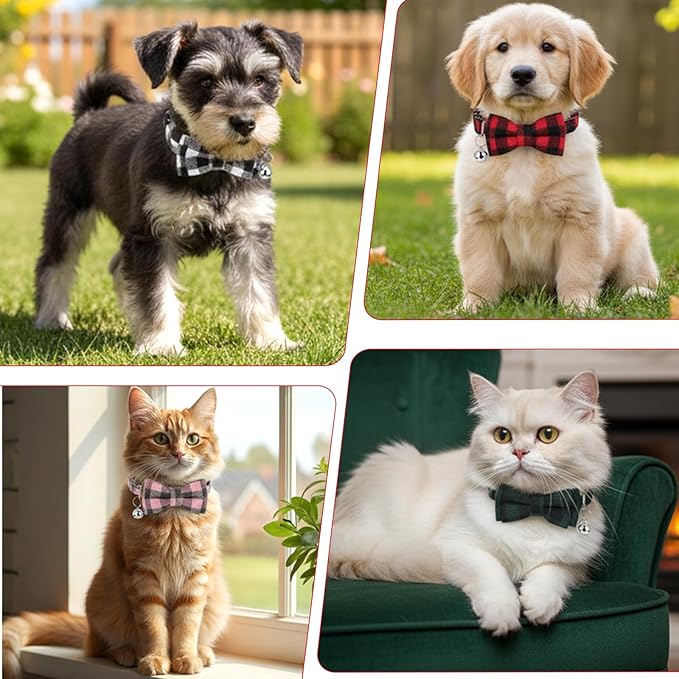 6Pcs Cats Bowtie Collar with Bell, Breakaway Cats Collars, Classic Plaid Kitten Cat Collars Adjustable Cat Bowtie Collar with Pendants for Quick Release for Small Pet