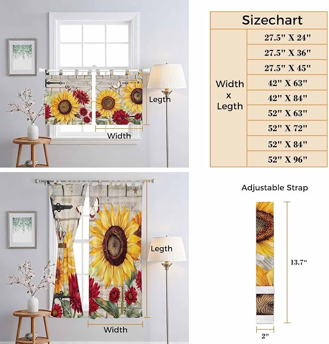 Red Yellow Sunflowers Kitchen Curtains 45 Inch Length, Short Cafe Window