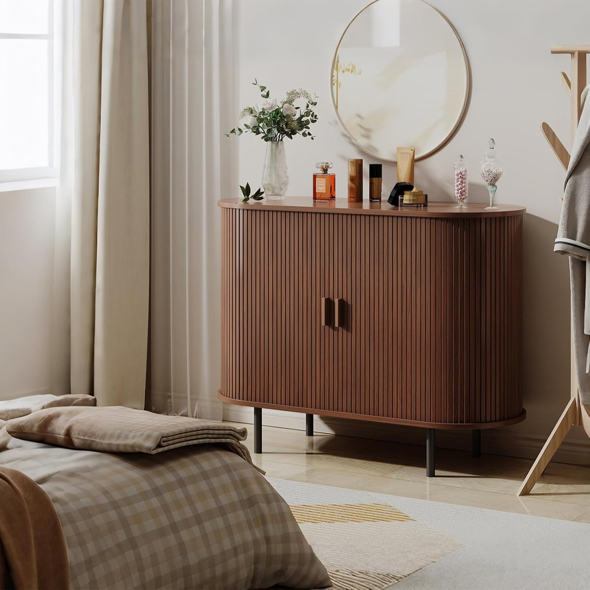 ComfyCorner 40" Fluted Buffet Sideboard Cabinet with Sliding Door, Walnut