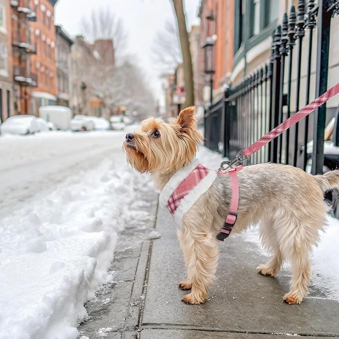 SCENEREAL Small Dog Harness Collar and Leash Set, Mesh Plush No Pull Puppy Vest Harness, Warm Fleece No Chock Small Pet Halter for Outdoor Walking Training, Pink Plaid XS