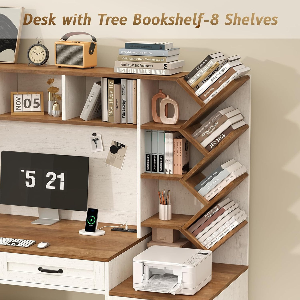 55" Computer Desk with Bookshelf, Drawers ＆ Hutch for Bedroom, Home Office