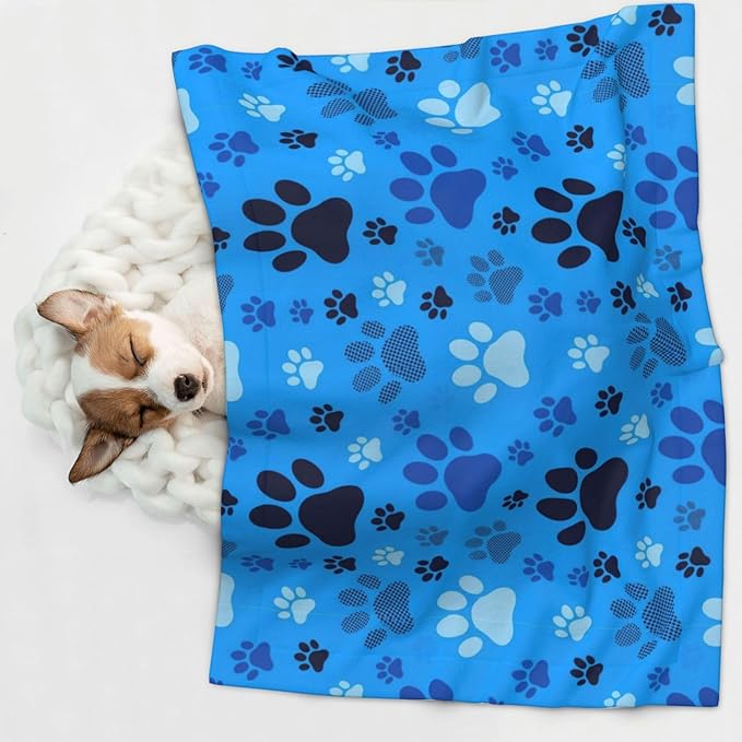 Double Sided Pet Throw for Dogs Who Shed, Blue Puppy Pug Dog Paw Print, Reversible Blanket with Nubby Dot Side Catches Loose Fur for Easier Furniture Cleanup
