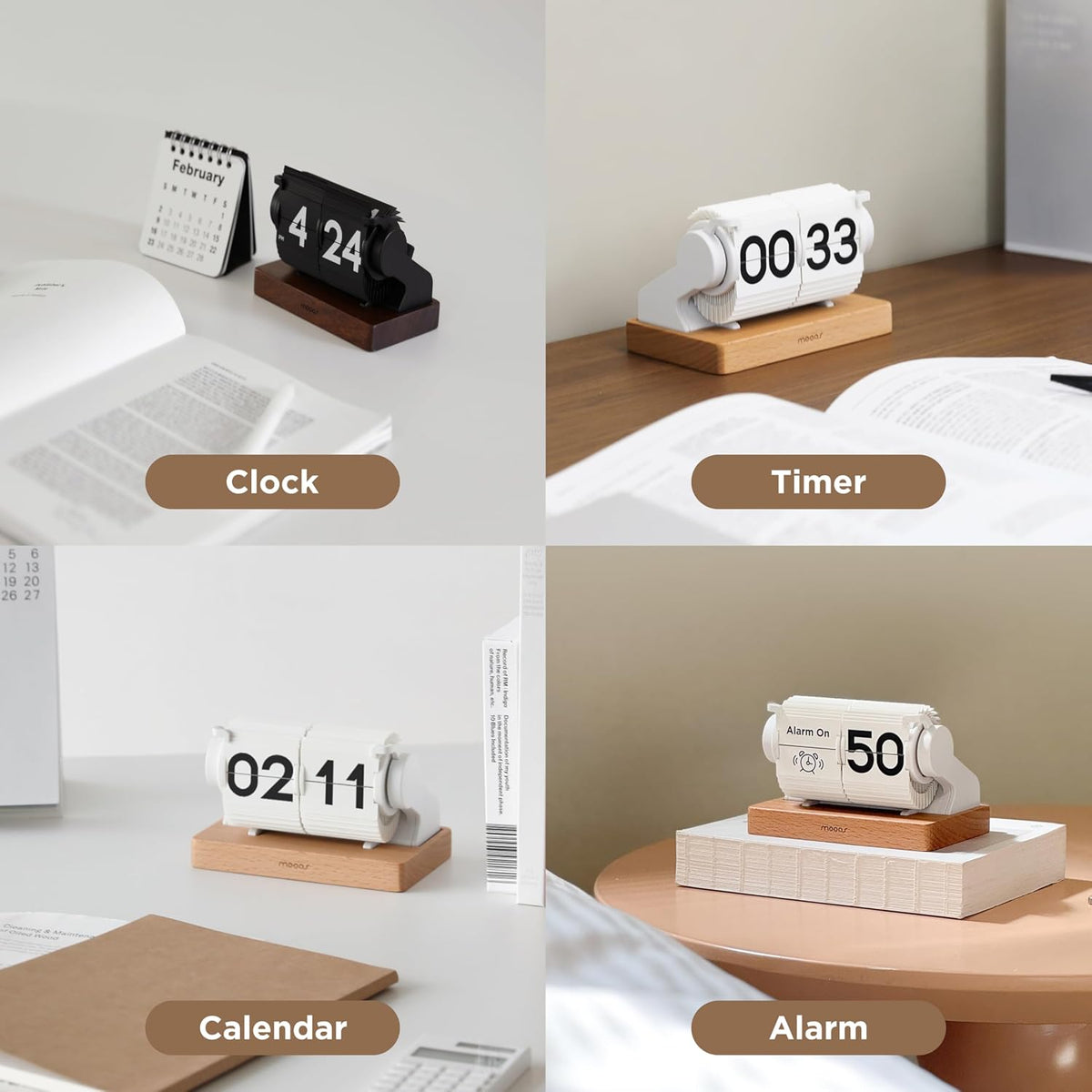 mooas Automatic Mini Flip Clock, Rechargeable, Timer/Alarm/Calendar (Black)