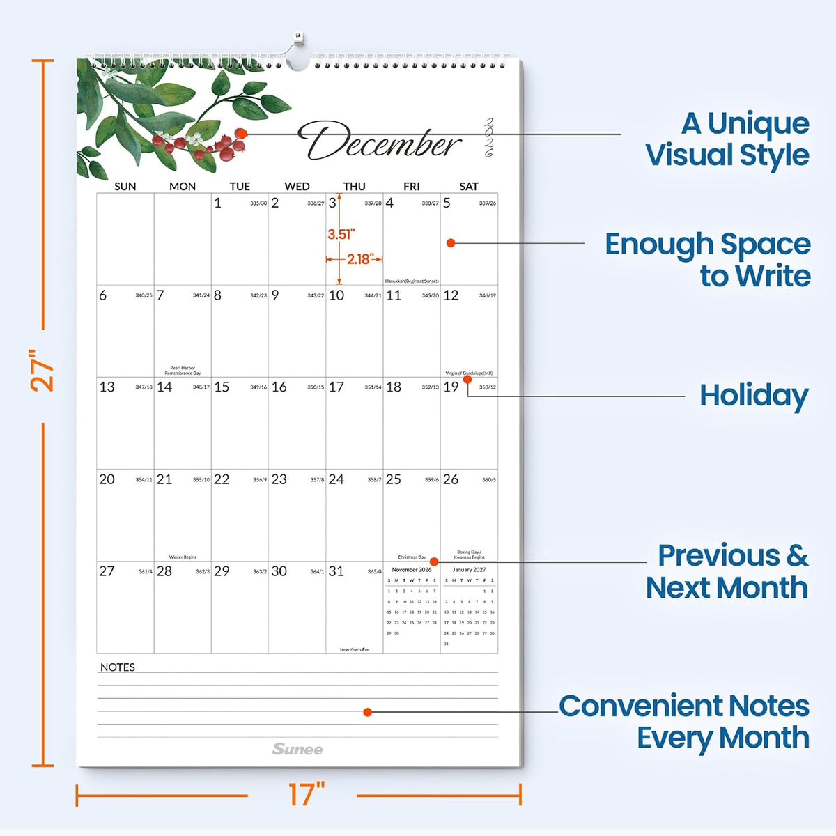 SUNEE 2026-2027 Wall Calendar Extra Large 17"x27", 18 Month Calendar (Ends March 2028),Vertical Monthly for Wall, Greenery