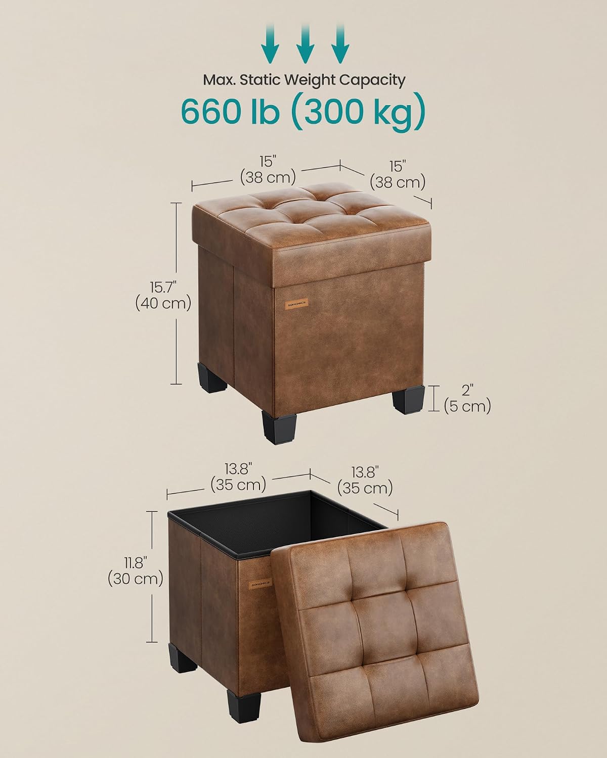 SONGMICS Small Storage Ottoman, 15 x 15 x 15.8 Inches, 9.8 Gal. (37 L)