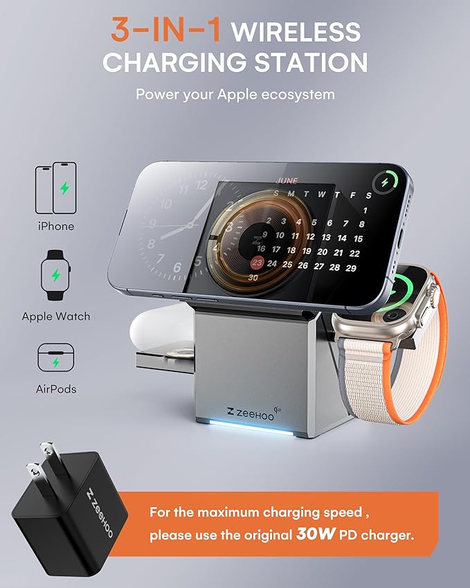 ZEEHOO 3 in 1 Charging Station for Apple, iPhone Mag-Safe Charger, Qi2 Certified, Rotating Wireless Charger Stand for iPhone 17,16,15,14,13,12 Series, Apple Watch, AirPods (USB-C Charger Included)