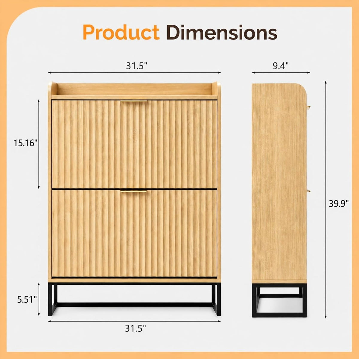 VINGLI Fluted Shoe Cabinet Storage for Entryway,Hidden Shoes Storage Cabinet with 2 Flip Drawers, Mid Century Modern Shoe Rack Organizer,Free Standing Shoes Organizer for Hallway(Natural Oak)