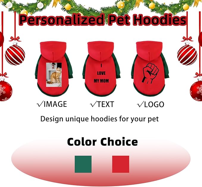 Custom Dog Hoodie, Personalized Sweatshirt with Photo Text Name Logo, Customized Hooded Sweater for Small Medium Large Dogs & Cats (Red + Green Border, Large)