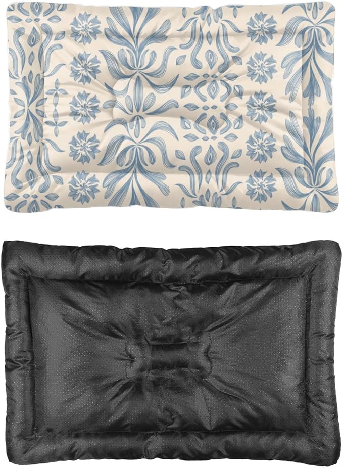Vintage Blue Floral Small Dog Bed for Crate Crate Mat for Dogs Kennel Pads Crates Washable Dog Bedding Washable Non-Slip Bed Small Puppy Outdoor Mat Dogs Products Indoor Outdoor 24X18 Inch