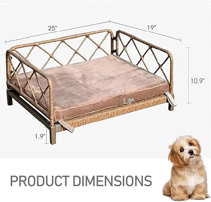 Boho Rattan Dog Bed, Pet Sofa Couch Bed with Removable Cushions - Indoor/Outdoor Durable Pet Furniture for Small/Medium Dogs (Brown)