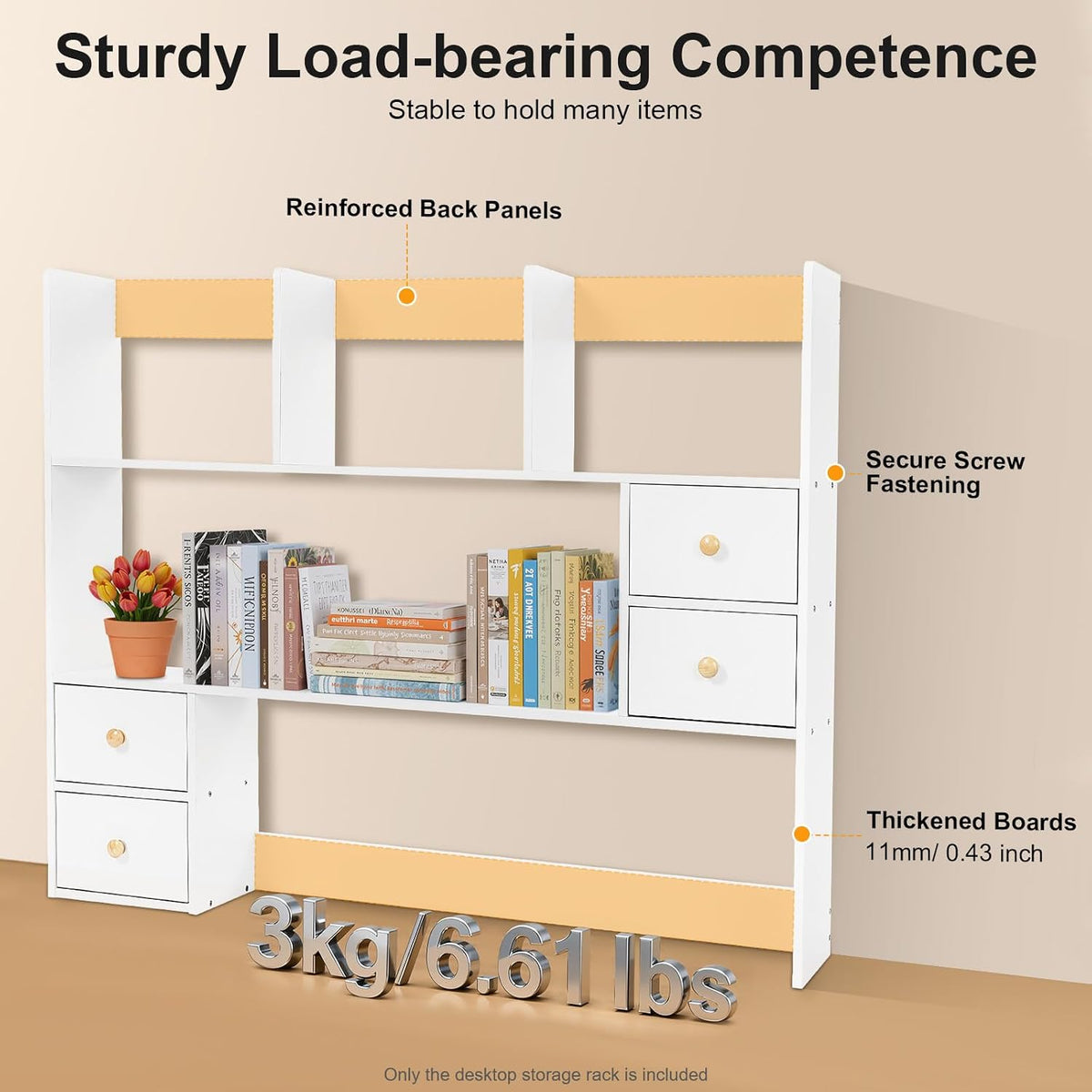 Wood Dorm Desktop Storage Rack, Office Desk Bookshelf Holder, Desktop Bookshelf Storage with 4 Small Storage Cabinets, Desktop Rack for Classrooms, Offices, Dormitories, Study Rooms (White)