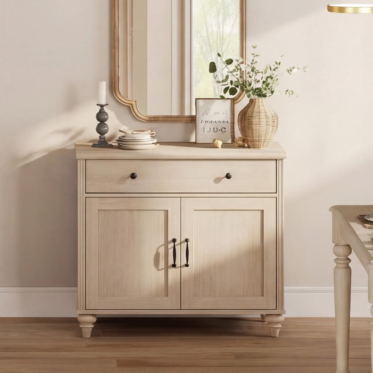 WAMPAT Farmhouse Buffet Cabinet with Doors & Drawer, Light Oak, 34 inch