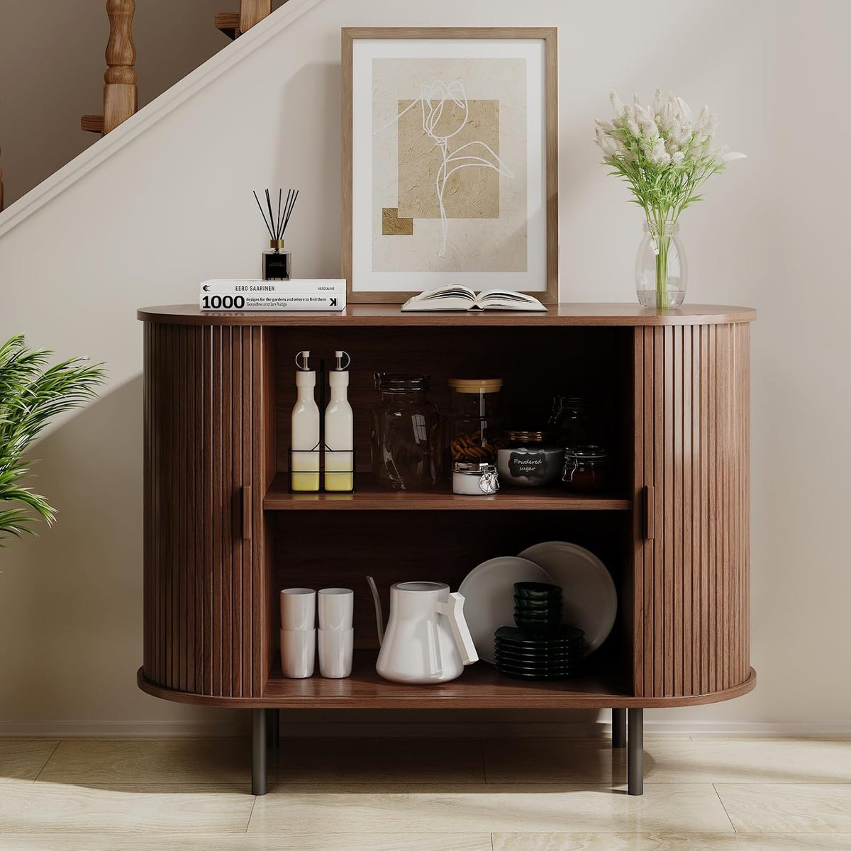 ComfyCorner 40" Fluted Buffet Sideboard Cabinet with Sliding Door, Walnut