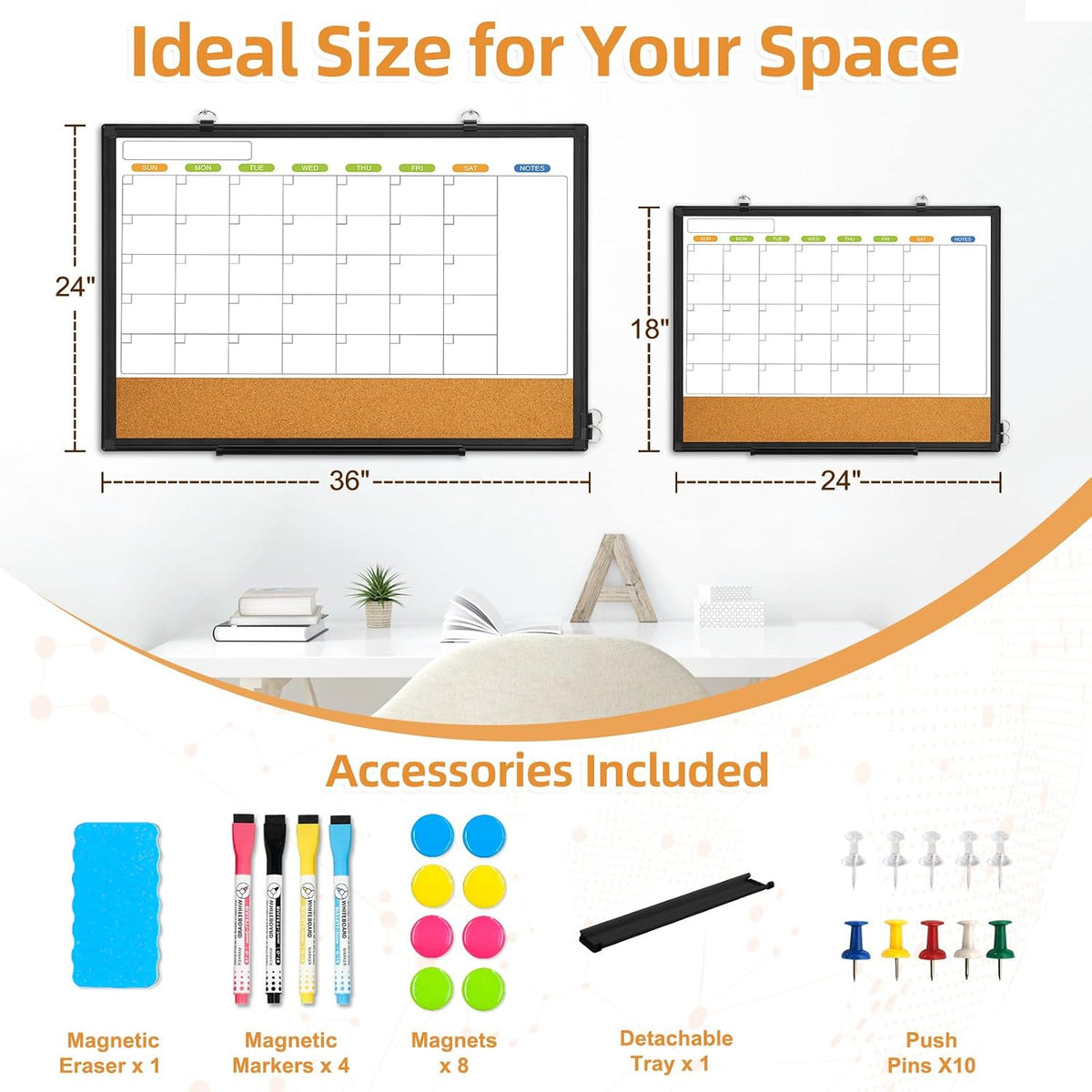 Calendar Whiteboard for Wall, 24" x 18" Dry Erase Month White Board Black