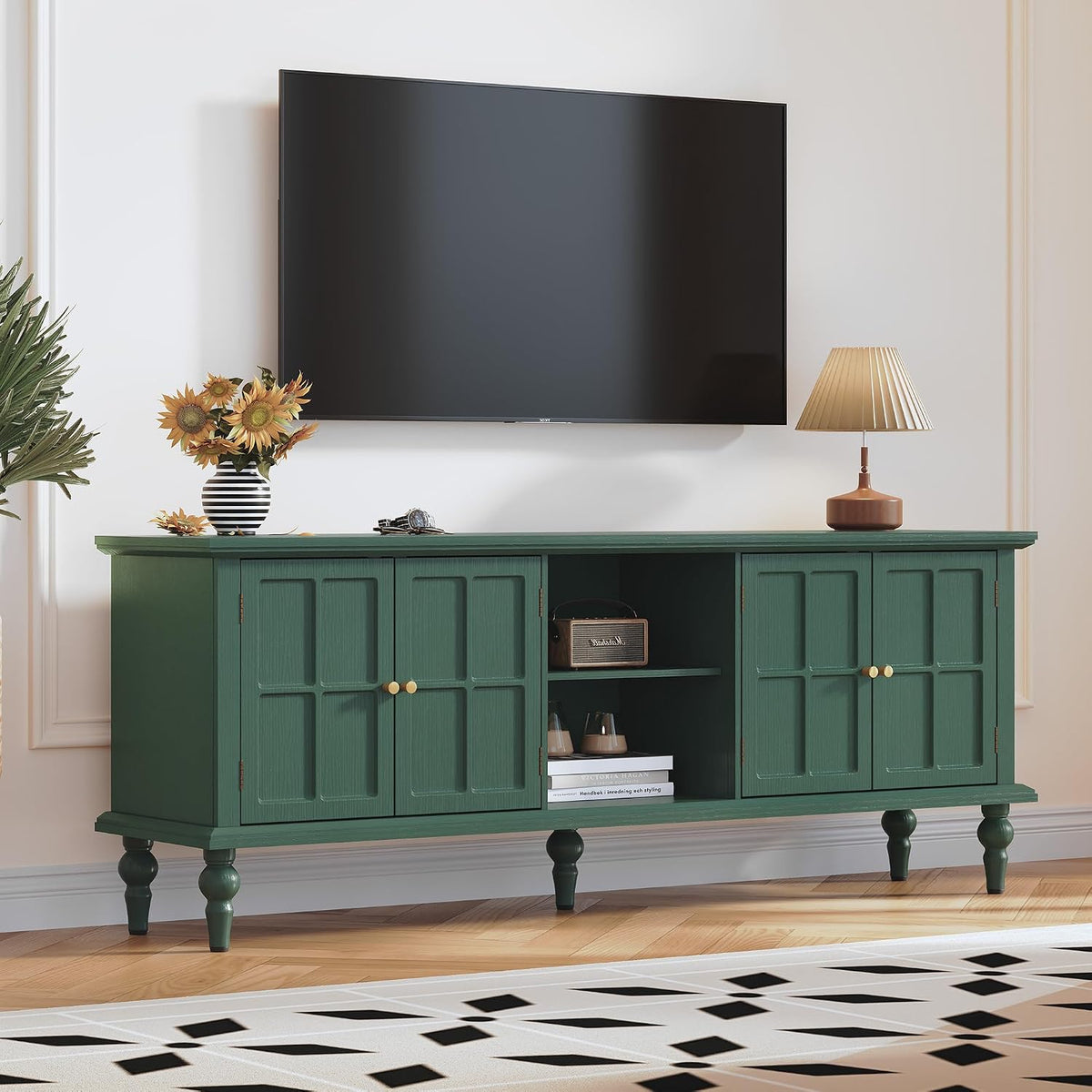 3More 67" Mid Century Modern TV Stand with Window Design, Green