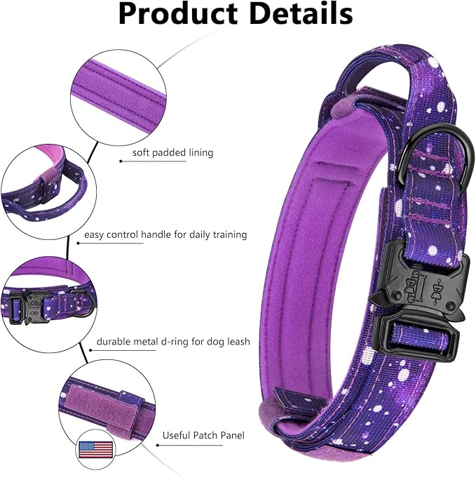 DAGANXI Tactical Dog Collar, Adjustable Military Training Nylon Dog Collar with Control Handle and Heavy Metal Buckle for Medium and Large Dogs, with Patches and Airtags Case (L, Purple Sky-Set)