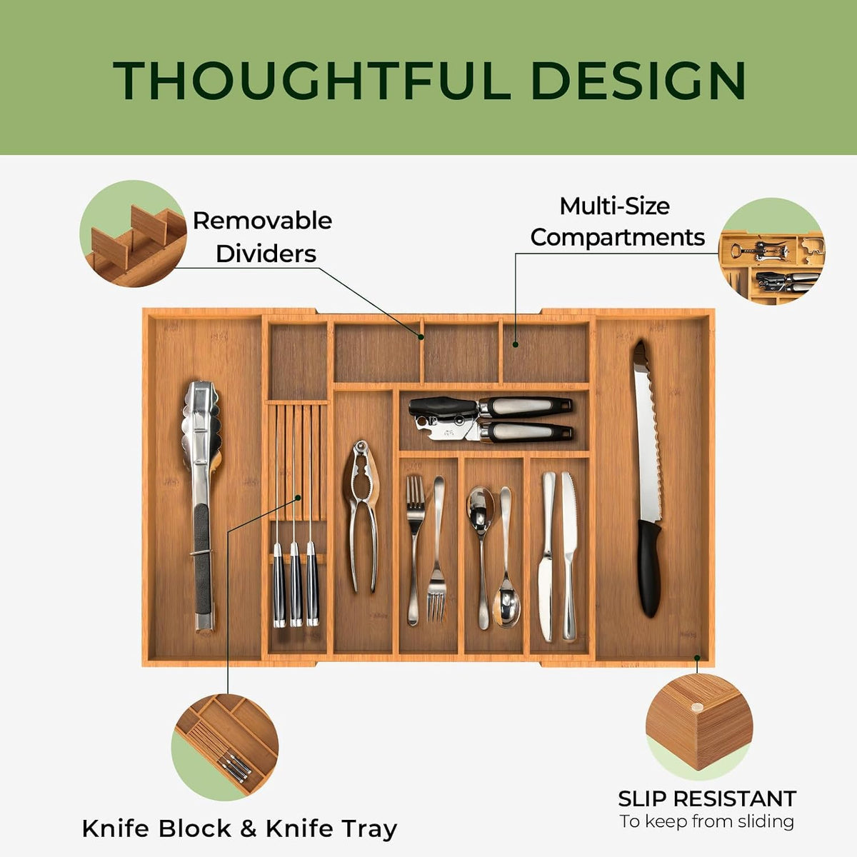 keechee Carbonized Large Bamboo Kitchen Drawer Organizer, 12 Slots Expandable Silverware Organizer, Utensil Holder & Cutlery Tray, 2.5" Deep for Extra Capacity, Non-Slip Feet Included