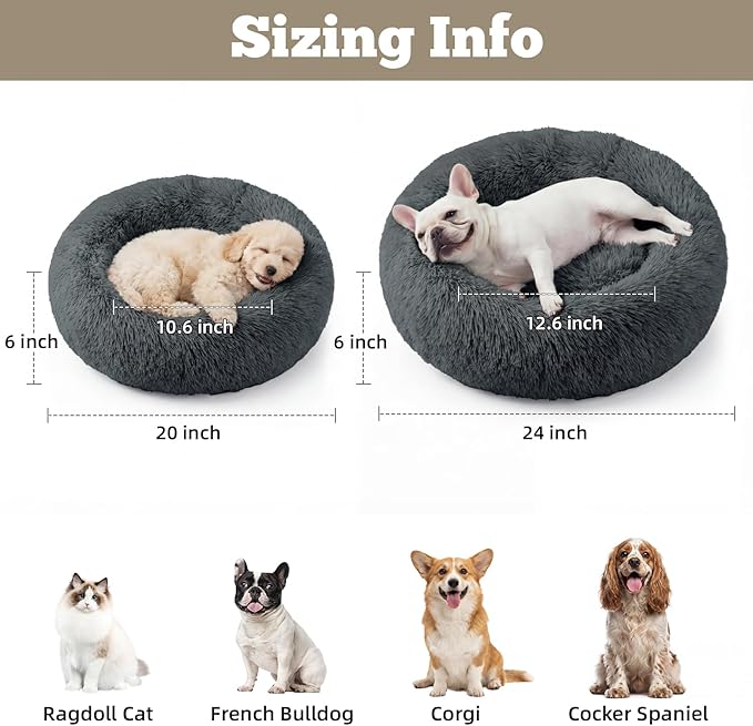 Calming Dog Bed, 24" x 24" x 6" Fits Cat & Dog, Anti-Slip Round Washable Faux Fur for Doze Off, Napping Orthopedic, Dark Grey