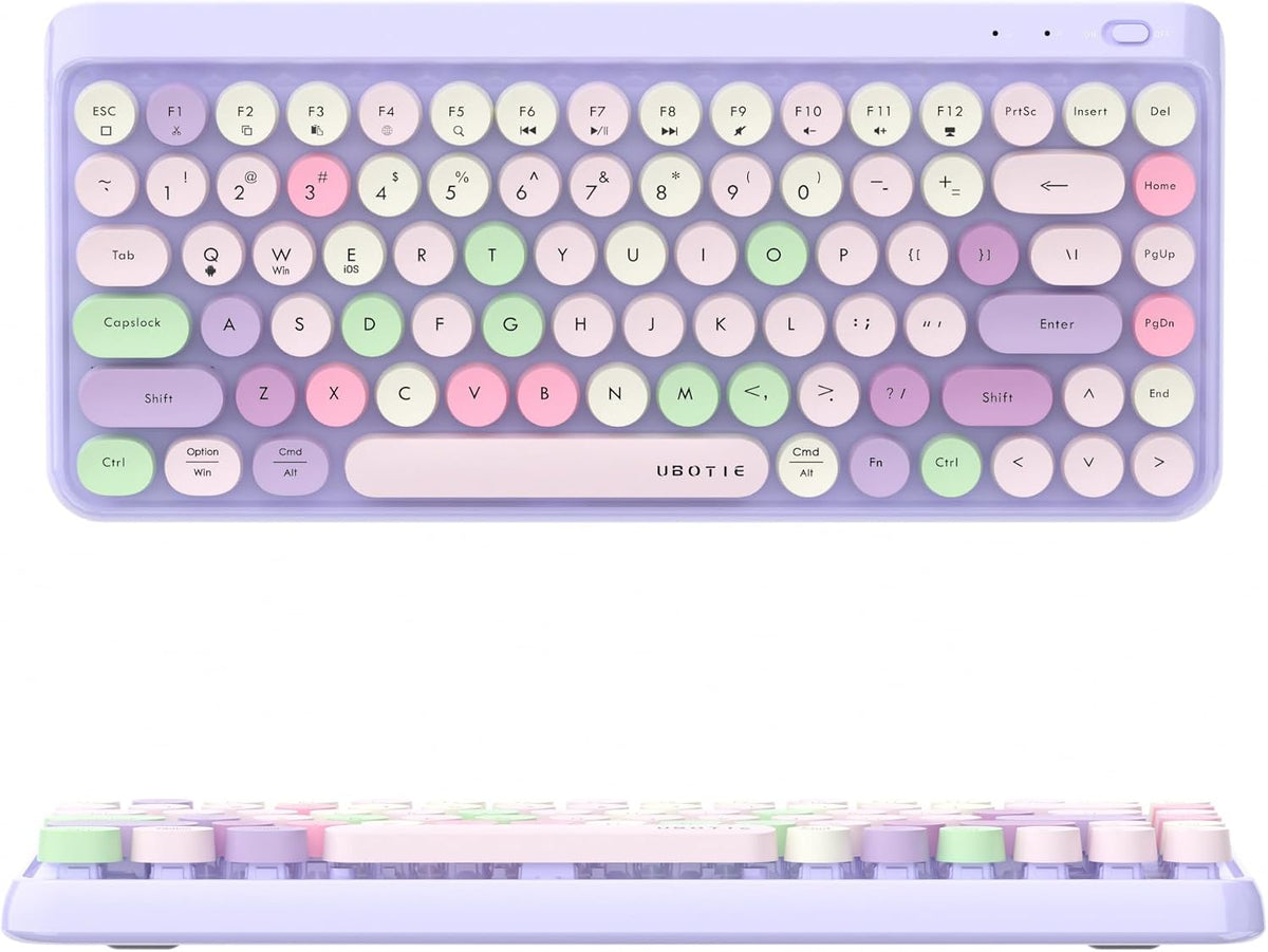 UBOTIE Portable Bluetooth Colorful Computer Keyboards, Wireless Mini Compact Retro Typewriter Flexible 84Keys Design Keyboard (Purple-Colorful)
