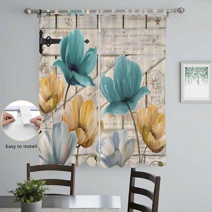 Watercolor Flowers Living Room Curtains 84 Inch Length, Window Curtains Tab Top