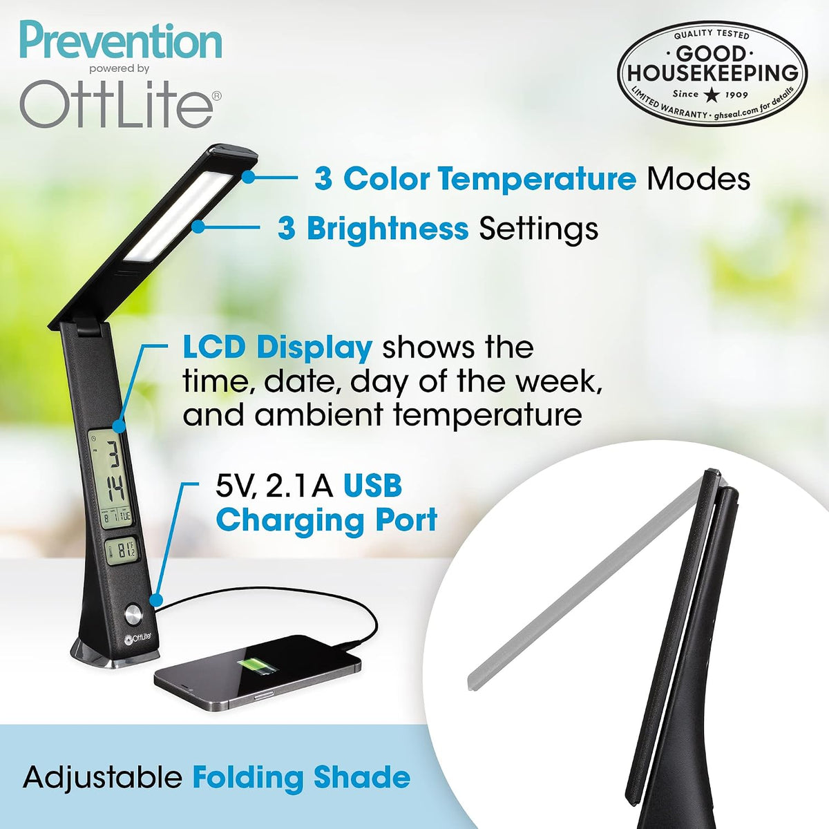 OttLite Prevention LED Lamp with Digital Display and USB Charging, Black