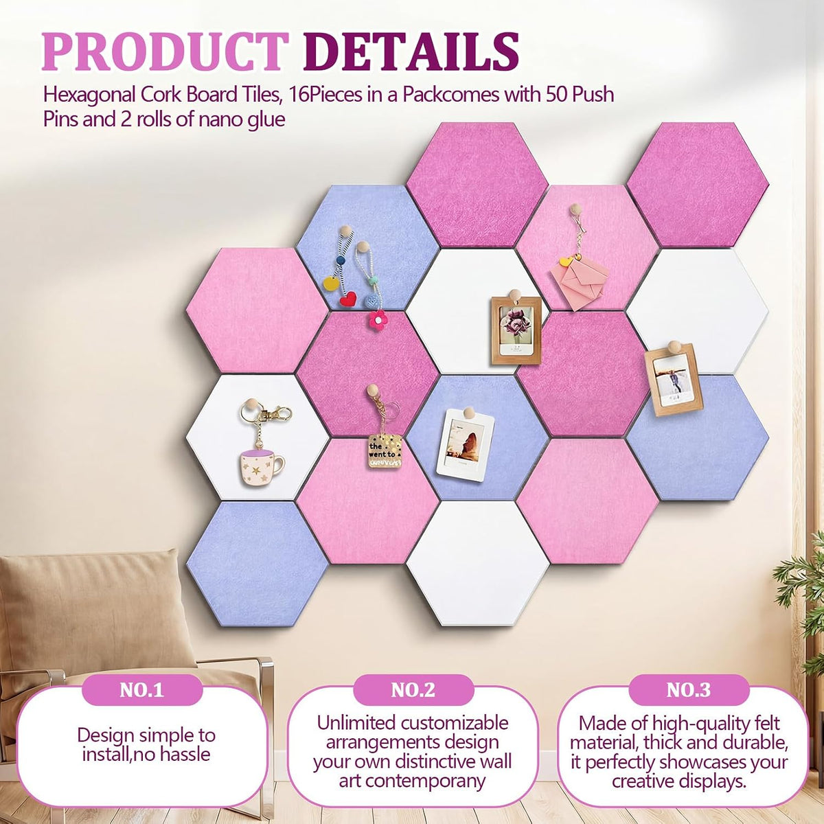 12x10 in 16 Pcs Hexagon Cork Board Tiles, Felt Pin Boards, Pink
