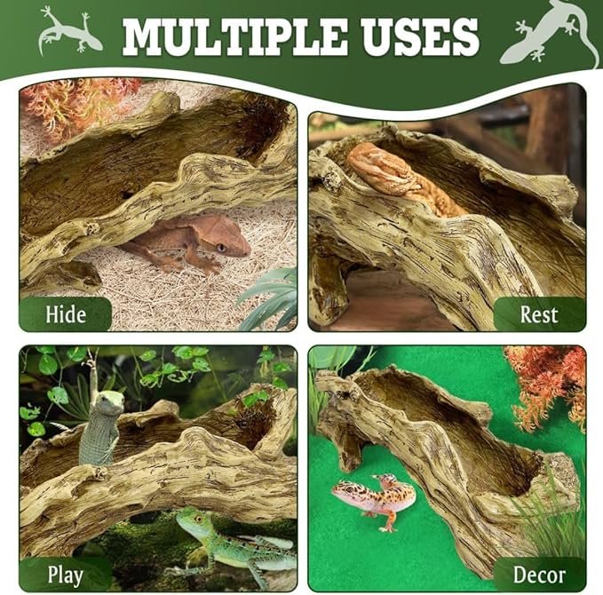 Hamiledyi Gecko Tank Accessories Resin Bark Reptile Hide Cave Simulation Tree Trunk Hideout Leopard Gecko Hide Terrarium Decor for Snake Hermit Crabs Lizard Bearded Dragon (13.78" L x 3.94" H)