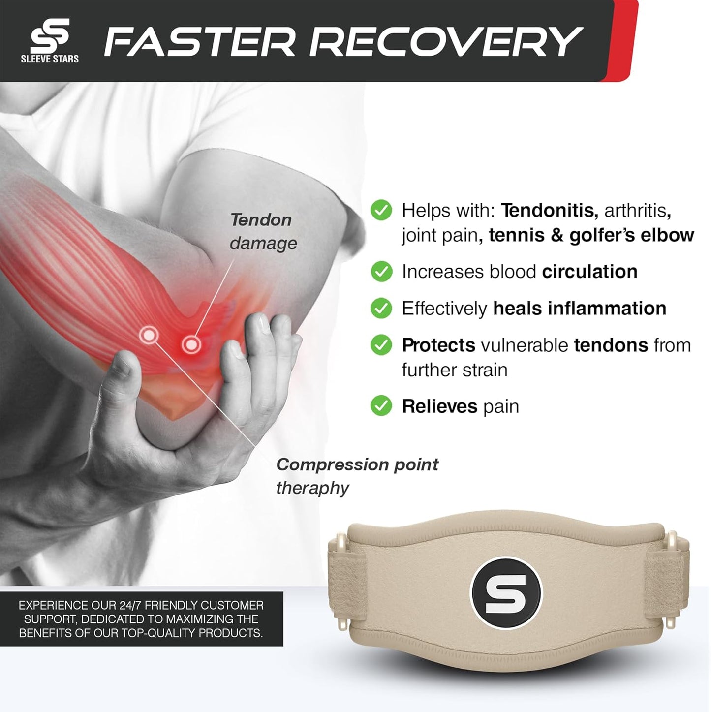 Sleeve Stars Tennis Elbow Brace for Men & Women, Tendonitis Elbow Brace & Strap Golfers Elbow Brace Counterforce Band for Tendon Pain Relief & Support for Forearm w/ 3 Straps Fits 9-23" (Single) (2, Beige, One Size)