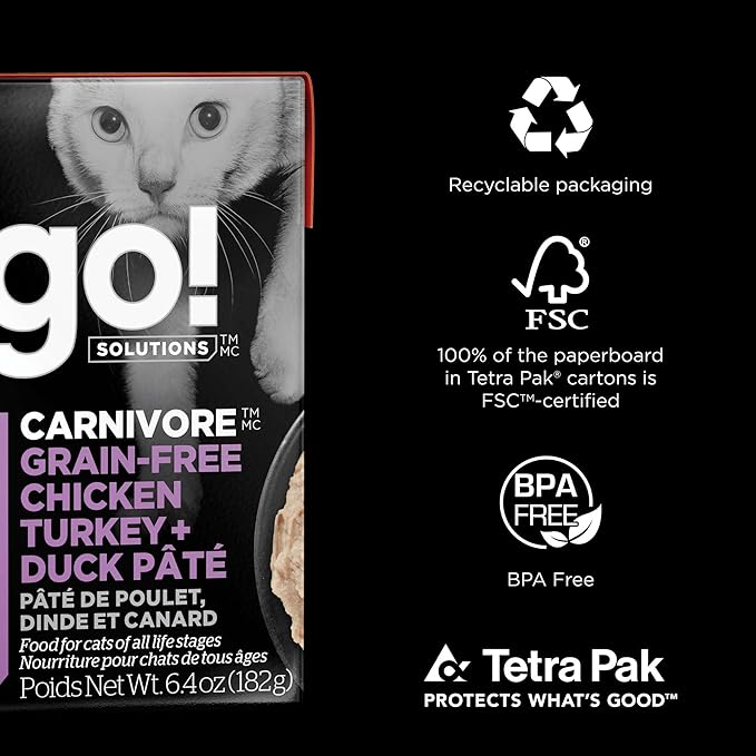 Go! Solutions Carnivore, Grain-Free, Protein Rich Wet Cat Food, Chicken, Turkey and Duck Pâté, 6.4 oz