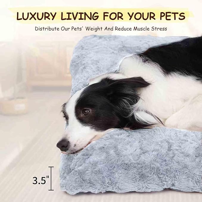 Washable Dog Bed for Small to Large Dogs, Calming Anti Anxiety Medium Dog Bed, Deluxe Plush Faux Fur Crate Beds, Comfy Fluffy Kennel Pad Pet Sleeping Mat with Non-Slip Bottom, 41"x27", Gray