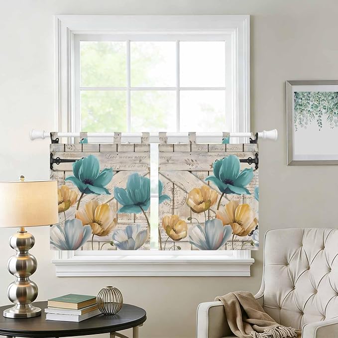 Watercolor Flowers Kitchen Curtains 24 Inch Length, Small Window Curtains Tab