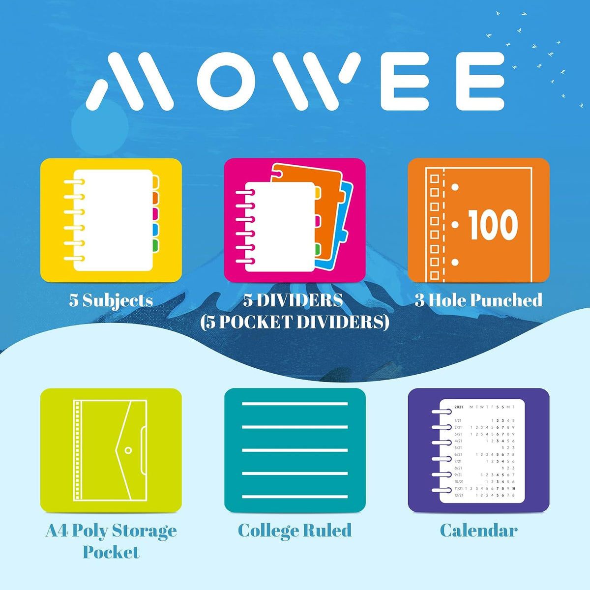 5 Subject Notebook, 3 Pack College Ruled Notebook with Storage Divider Pockets, Index Tabs, 11" Ruler, 200 Pages, for School, Business, Office Supplies, 8.1''x11.7''（Black Red Blue