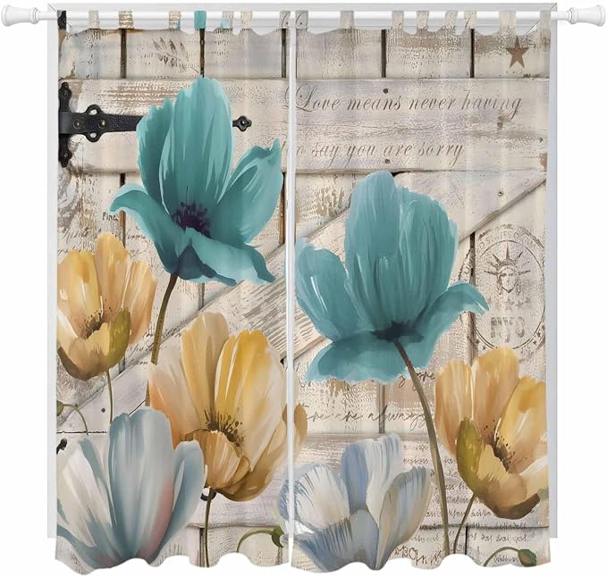 Watercolor Flowers Living Room Curtains 96 Inch Length, Window Curtains Tab Top