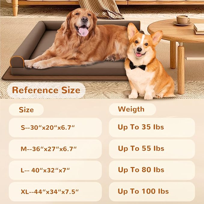 Dog Beds Medium Sized Dog Waterproof Washable Pet Bed Memory Foam Orthopedic Chew Proof Dog Couch with Anti-Slip Mat (Brown)