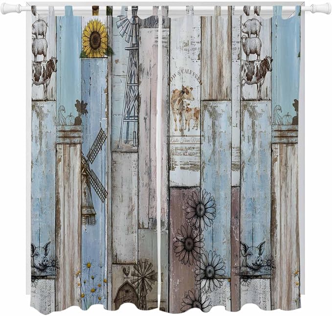 Blue Grey Wooden Living Room Curtains 84 Inch Length, Window Curtains Tab Top