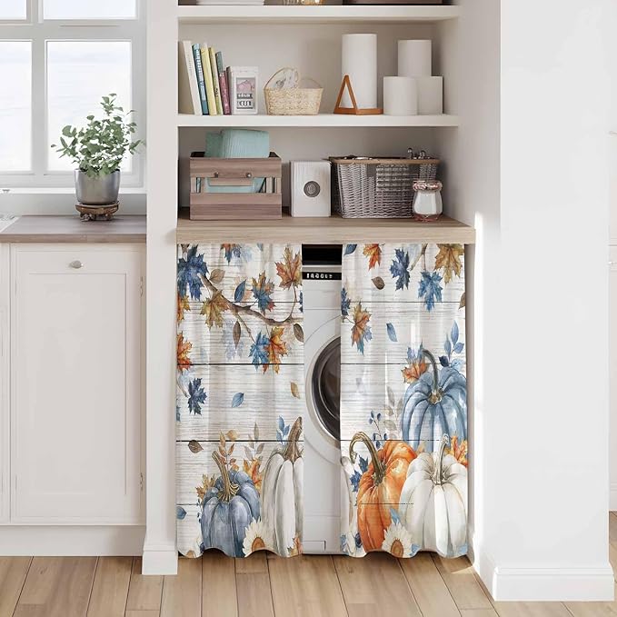 Thanksgiving Pumpkin Kitchen Tier Curtains 45 Inch Long 2 Panel Set, Rod Pocket