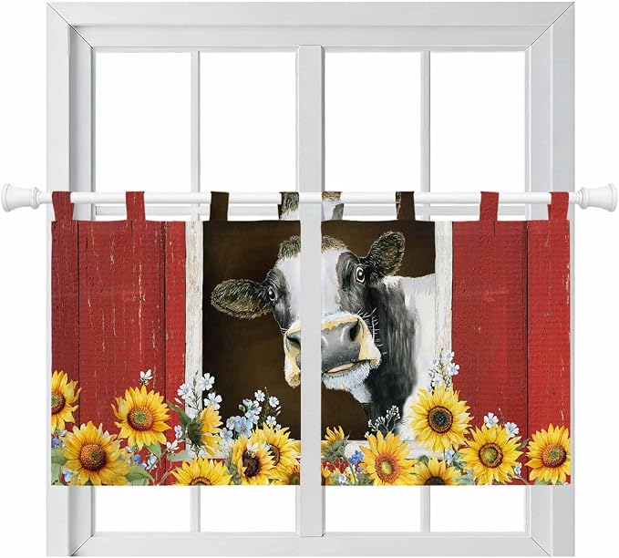 Cows Sunflowers Kitchen Curtains 24 Inch Length, Small Window Curtains Tab Top