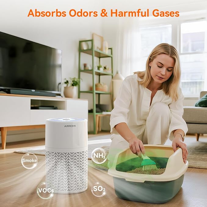 AIRROMI Pets Air Purifier for Home Allergies,Up to 660 ft². HEPA Deodorizing Activated Carbon Filter,With Fragrance Sponge for Better Sleep,Night Light,Pet Dander,Smoke,Odors,Air Cleaner A2002 White