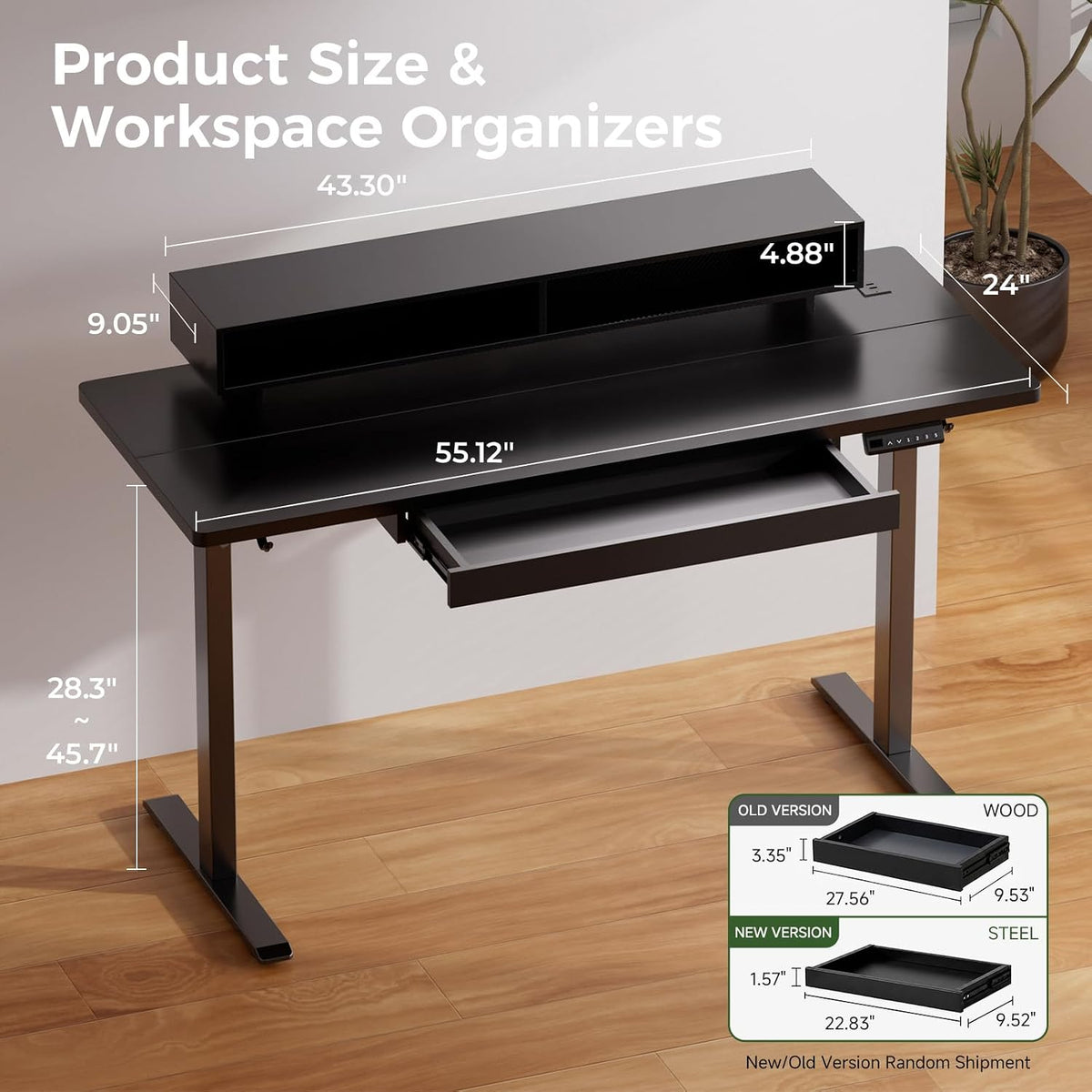 GTPLAYER Electric Standing Desk with Drawers, 55 x 24 Inch Height Adjustable Gaming Desk with Monitor Stand, Power Outlets & LED Lights, Home Office Sit Stand Up Desk with Memory Preset (Black)