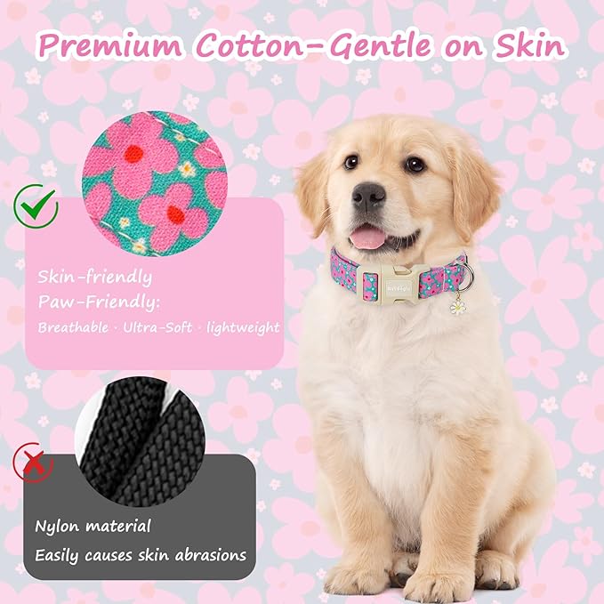 Cotton Floral Dog Collar,Green Dog Collar with Pink Flower, Adjustable Puppy Dog Collars for Small Medium Large, Cute Girl or Boy Dog Collar Ideal for Gifts,Pet Accessory,L