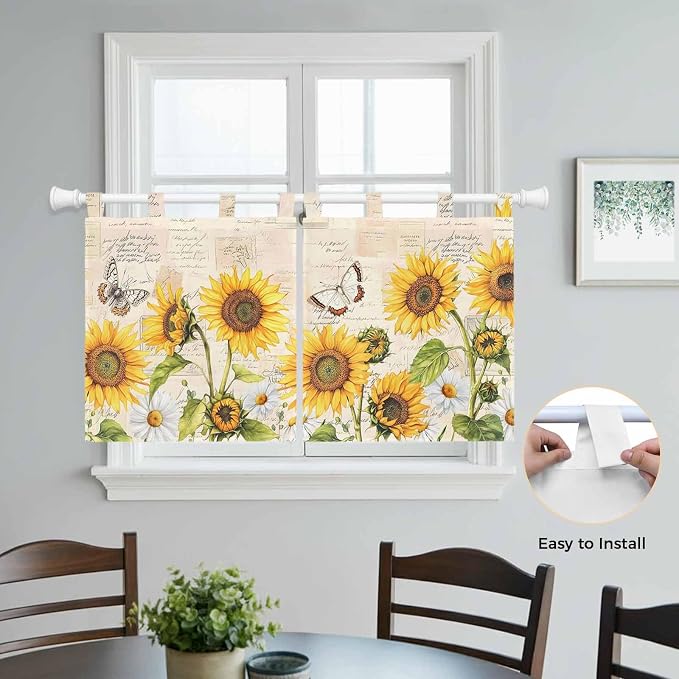Yellow Sunflowers Kitchen Curtains 36 Inch Length, Small Window Curtains Tab Top