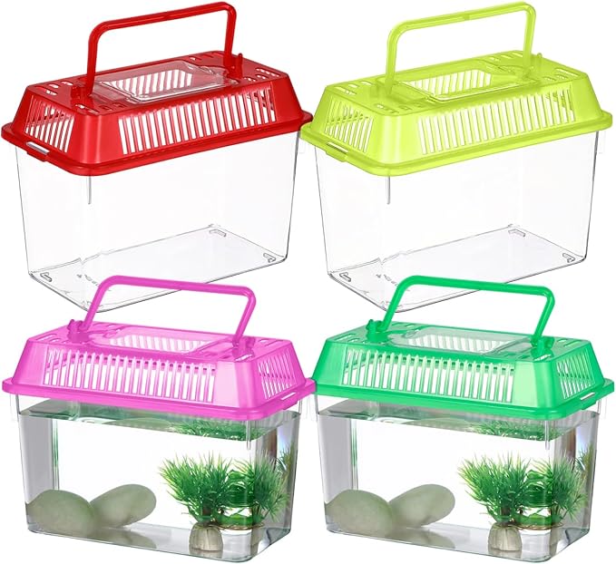 POPETPOP 4 Pcs Small Fish Tank: Plastic Goldfish Breeding Tank with Handle - Portable Mini Aquarium for Shrimp Turtle Shrimp Goldfish Tadpole (Random Color)